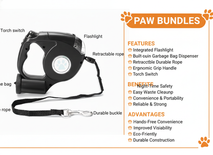 🐾 Paw Bundles – Retractable Dog Leash with Flashlight & Waste Bag Dispenser